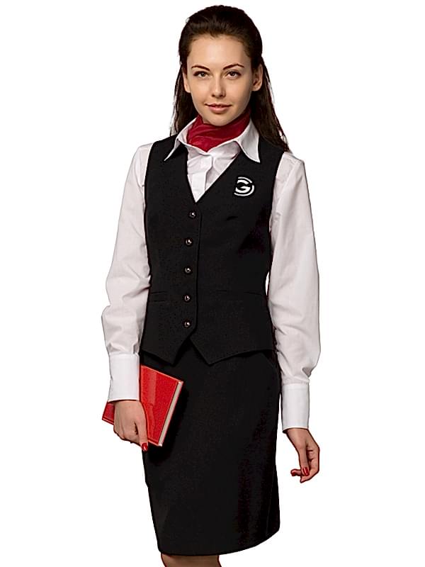 Костюм женский администратора:  жилет на подкладе Ж-8, юбка Ю-9, блуза Б-16, косынка декоративная КС-1